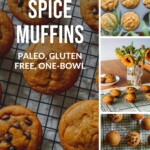 Multiple images of paleo and gluten free pumpkin muffins overhead and from the size to show the soft texture.
