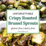 A close up shot of crispy roasted brussel sprouts to show the super crunchy little leaves lightly coated in oil.
