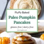 Side and overhead views of a stack of four fluffy paleo pumpkin pancakes topped with a swirl of pumpkin spice coconut whipped cream and a drizzle of maple syrup.