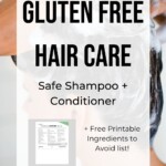 Woman washing her hair with "Gluten Free Hair Care" text overlay.