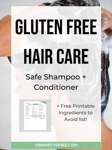Woman washing her hair with "Gluten Free Hair Care" text overlay.