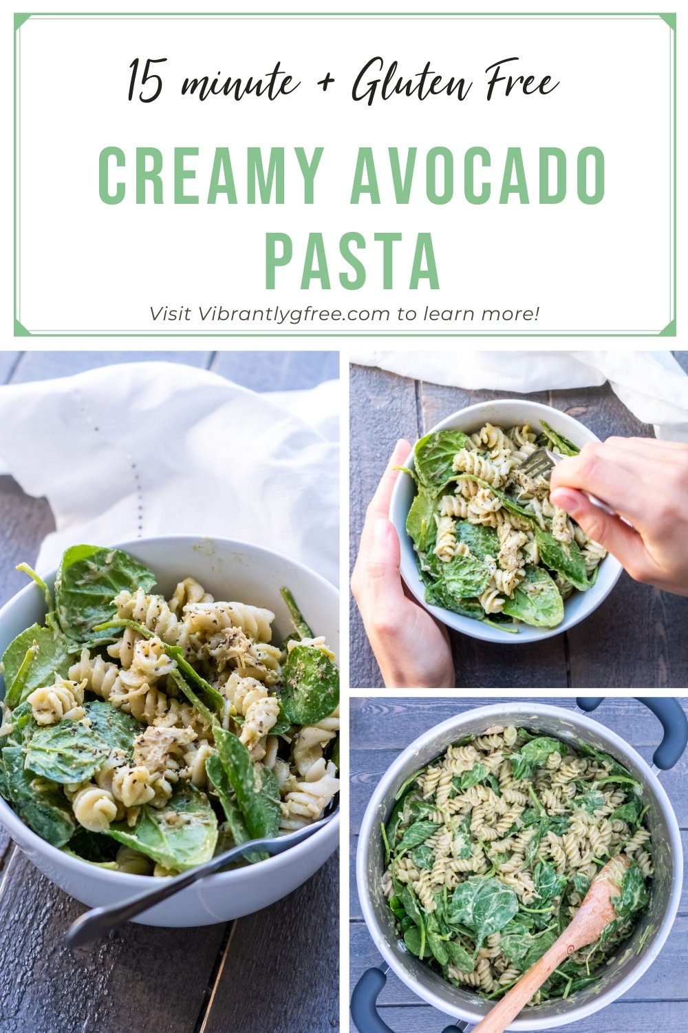 Three images of the final creamy avocado pasta dish in a collage: overhead in a pot and two shots of a bowl ready to eat!