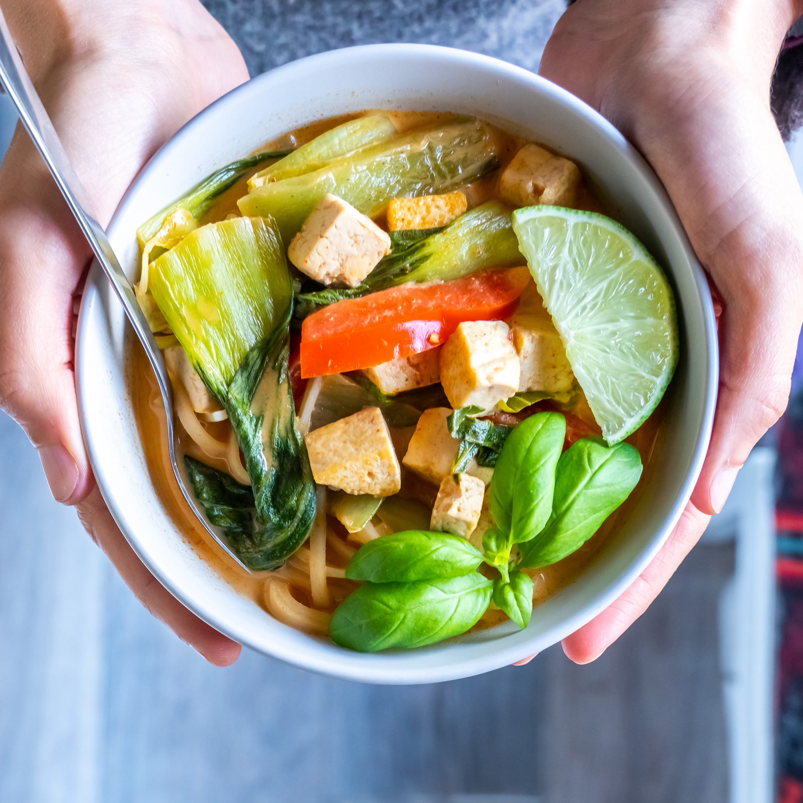 Close up of the red curry soup to show bok choy, red bell pepper, crispy tofu, and rice noodles.