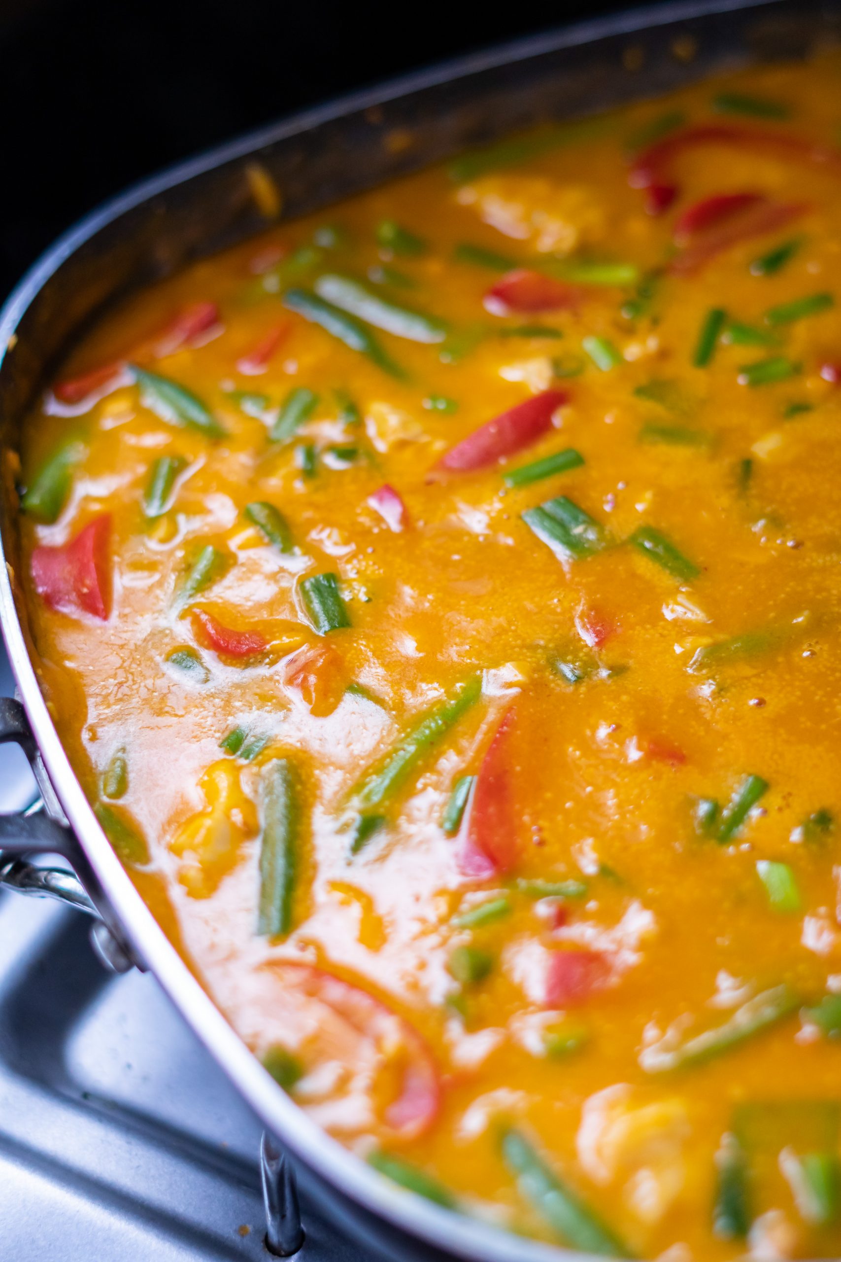 A close up of smooth pumpkin curry sauce.