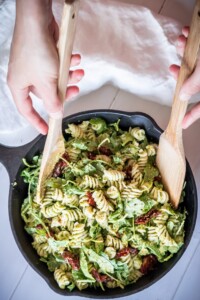 Serving a large plate of Pea Pesto Pasta
