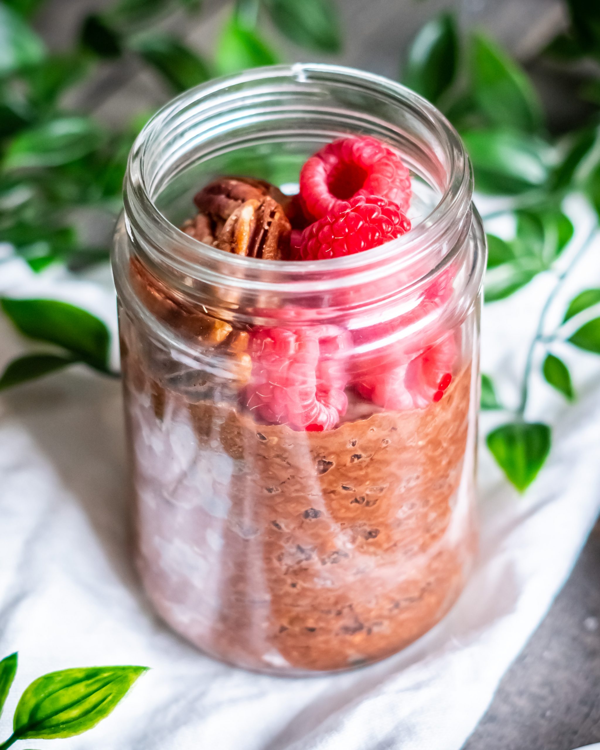Chocolate Chia Pudding with pecans and raspberries