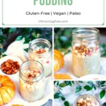 Three images of pumpkin spice chia pudding, all topped with chopped apples and roasted pumpkin seeds, to show the side and overhead views of the tasty dessert!