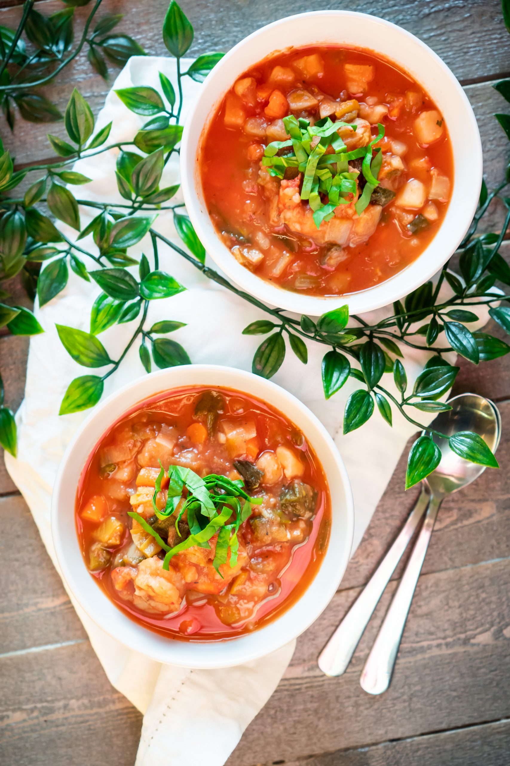 Two place settings of easy instant pot tomato soup to share
