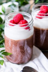 Mocha Chia Pudding with fresh raspberries and vanilla coconut yogurt