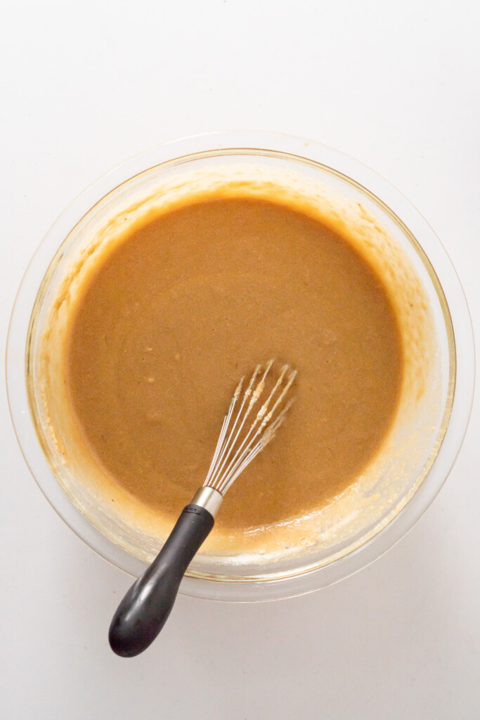 An overhead view of the batter consistency. It has a similar consistency to pancake batter.