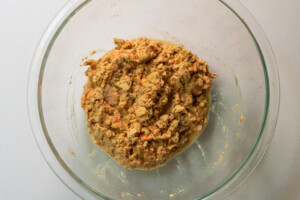 Uncooked baked salmon cake mixture ready for refrigeration.