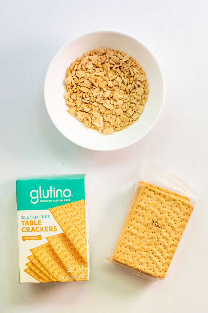 Overhead view of a package of Glutino Gluten-Free Table crackers for the baked salmon cakes recipe.