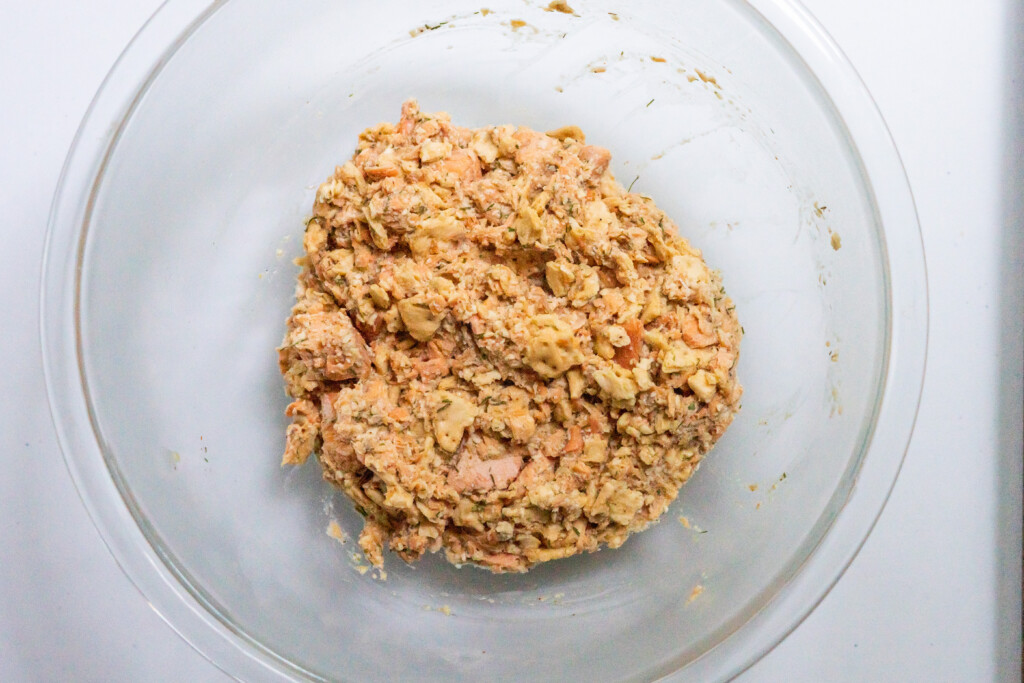 Uncooked baked salmon cake mixture ready for refrigeration.