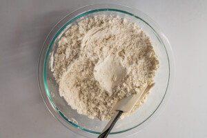 Dry ingredients for gluten free french baguette recipe mixed together in a large bowl.