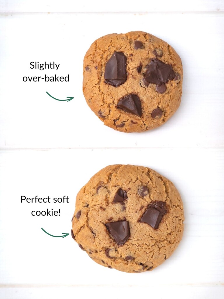 A perfect soft cookie and a slightly over-baked cookie to guide baking times in different ovens.