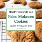 Side view of several paleo molasses cookies on a tabletop with a bite removed to show the soft and chewy texture!