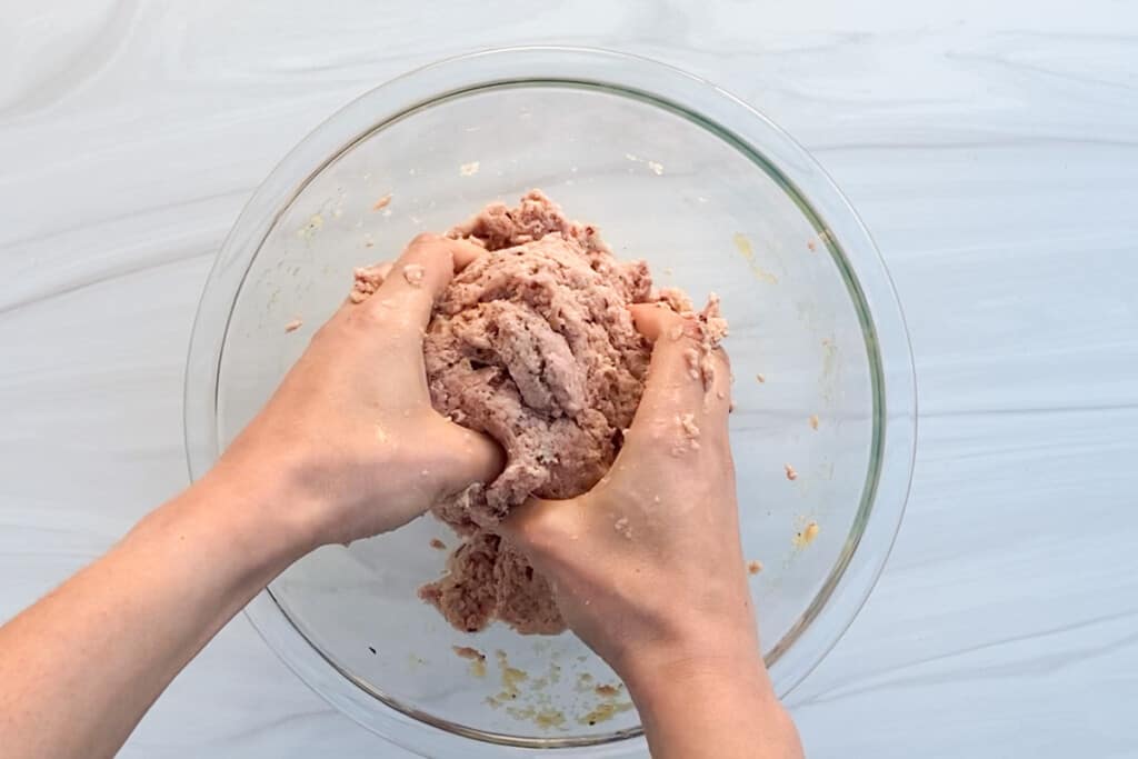 Overhead view of hands making a meatball mixture.