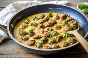 Side view of vegan swedish meatballs in a skillet with vegan gravy and parsley to garnish.