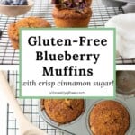 Side and top views of gluten free blueberry muffins to show the fluffy texture, round tops, and crisp cinnamon sugar topping.