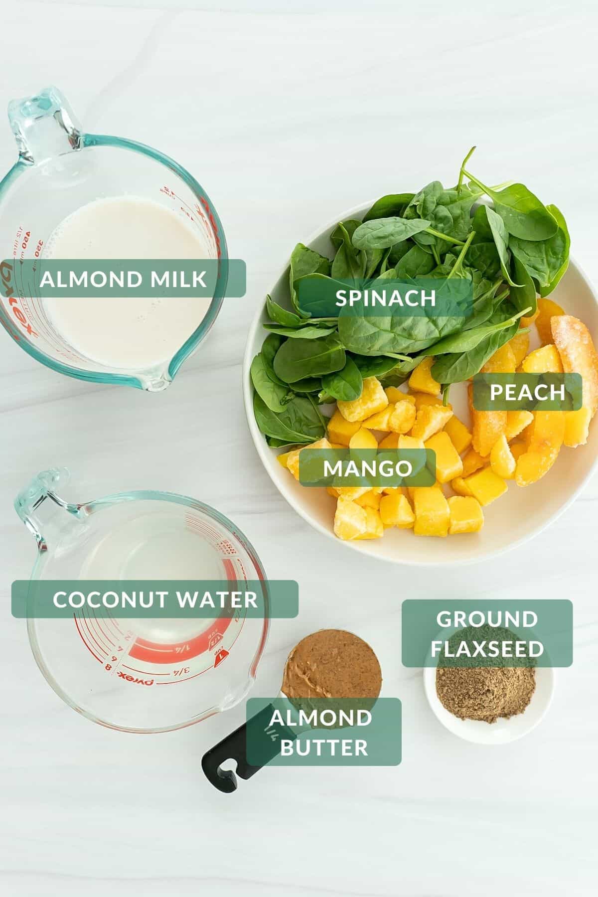 The 7 ingredients you need to make a peach mango green smoothie.