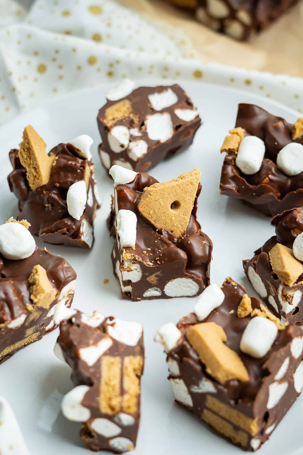 A plate of pieces of S'mores Rocky Road arranged for serving.