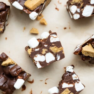 Pieces of S'mores rocky road arranged for serving and ready to eat!