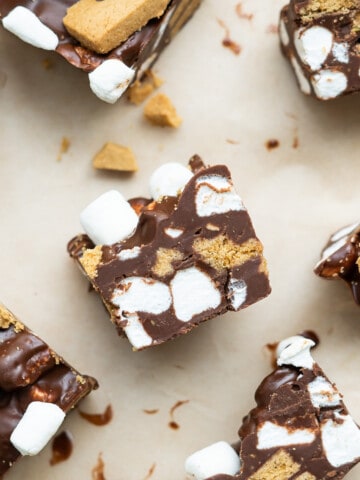 Pieces of S'mores rocky road arranged for serving and ready to eat!