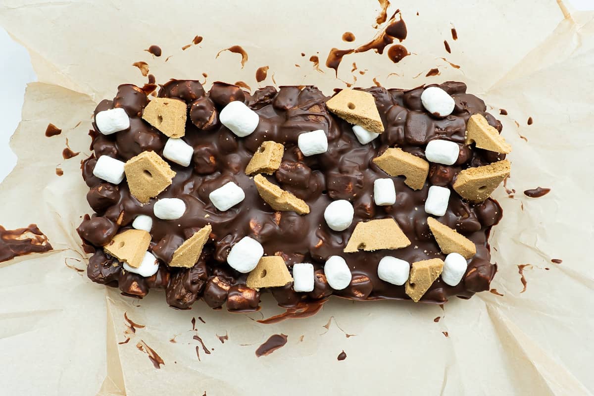 S'mores Rocky Road in a loaf-pan shape, cooled and ready to be cut into bite-sized pieces.