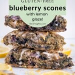 A stack of three gluten-free blueberry scones to show the soft and buttery texture!
