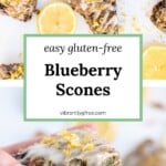 An overhead and bite view of gluten-free blueberry scones with lemon glaze and fresh lemon zest!