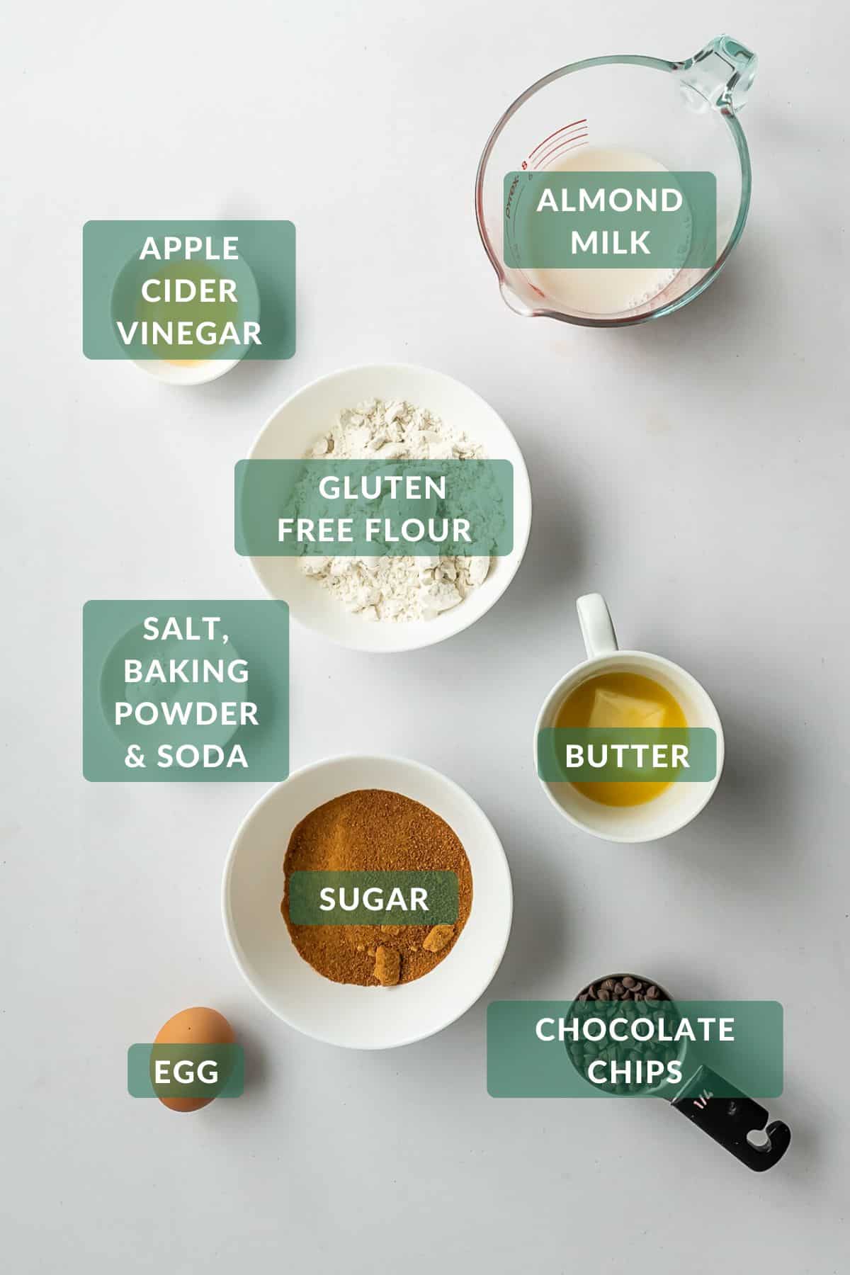 The 10 measured ingredients for gluten-free chocolate chip muffins.