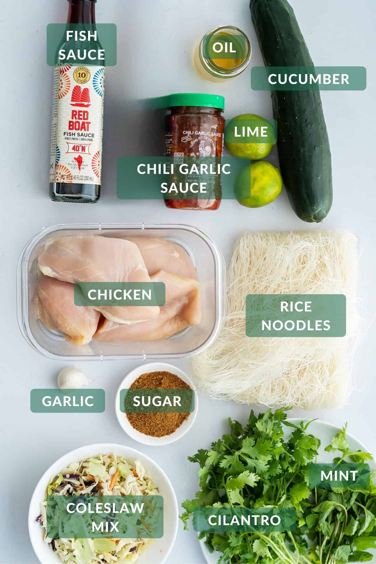 The 12 ingredients you need to make this easy Vietnamese Noodle Salad with chicken.