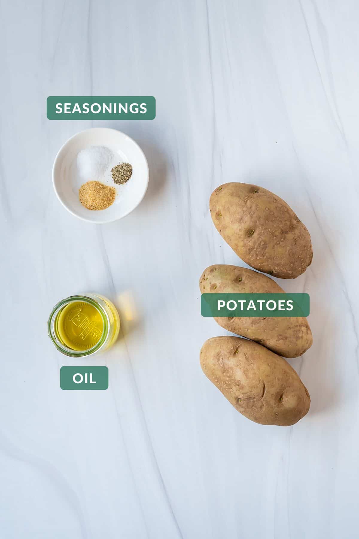 The three ingredients you need to make cottage fries: potatoes, seasonings, and oil.