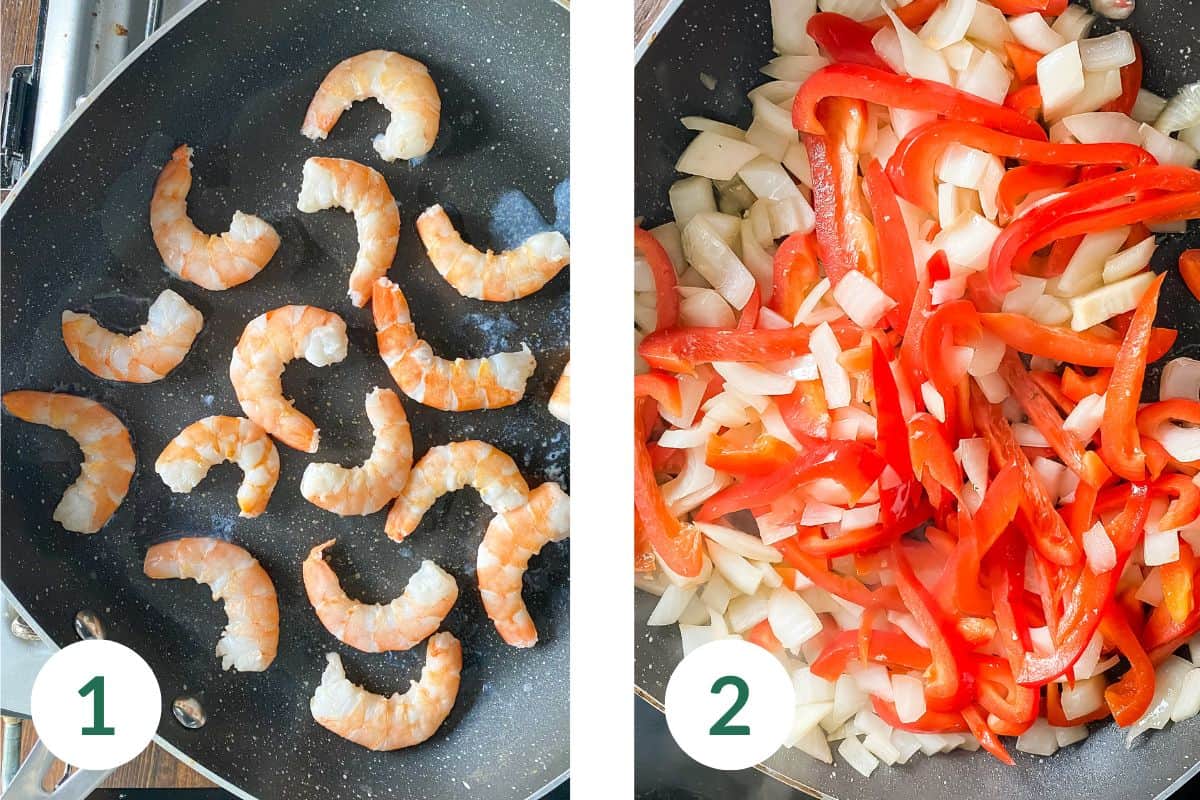 Searing shrimp in a skillet and another of sautéing onion and red bell peppers.