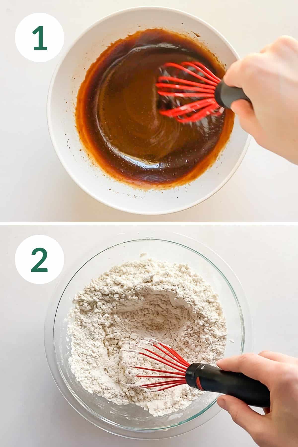 Whisking together a sugar syrup for cookies and a separate bowl of whisked dry ingredients.