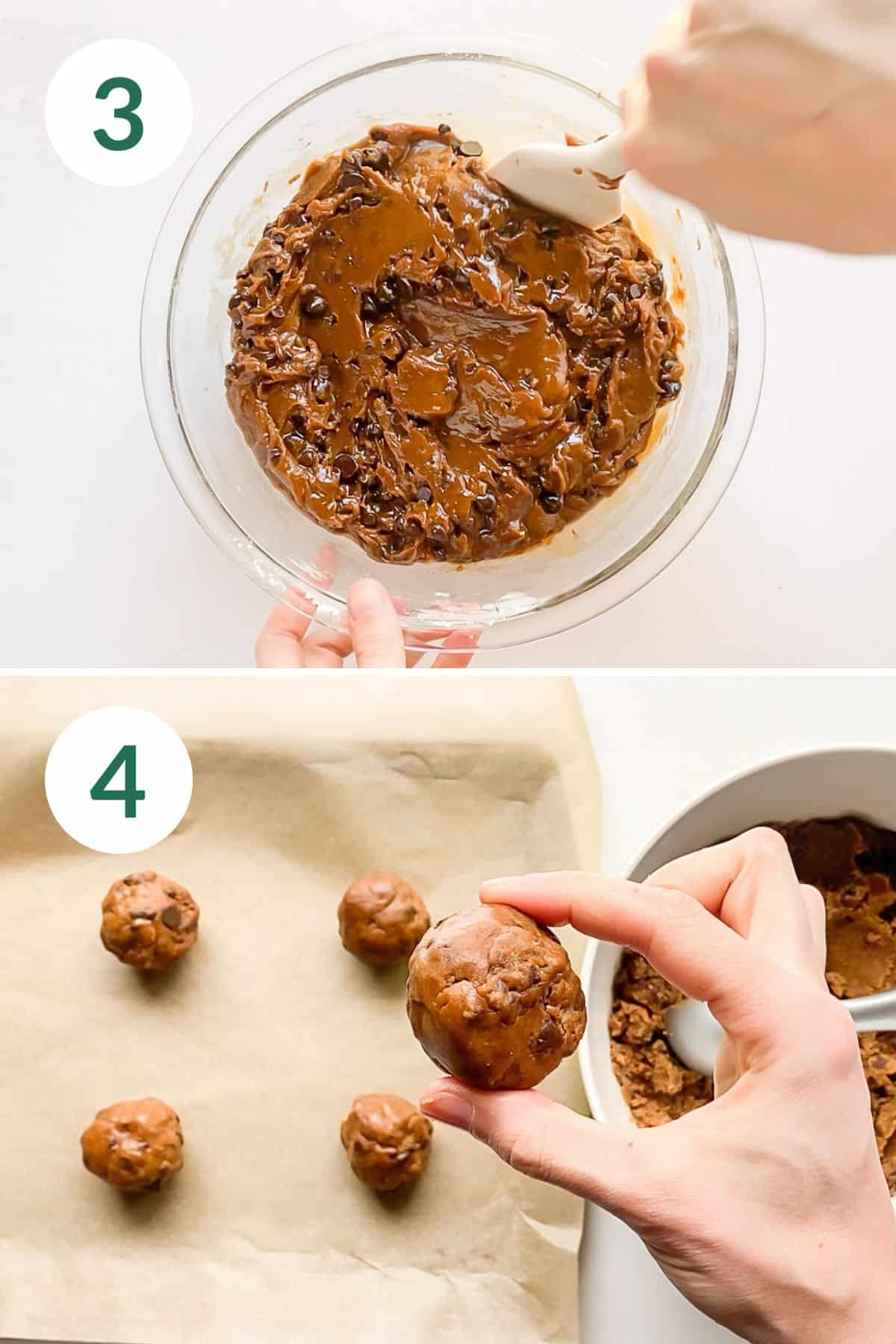 The finished coconut sugar chocolate chip cookie dough in a bowl and then rolled into 1 ½ inch balls.