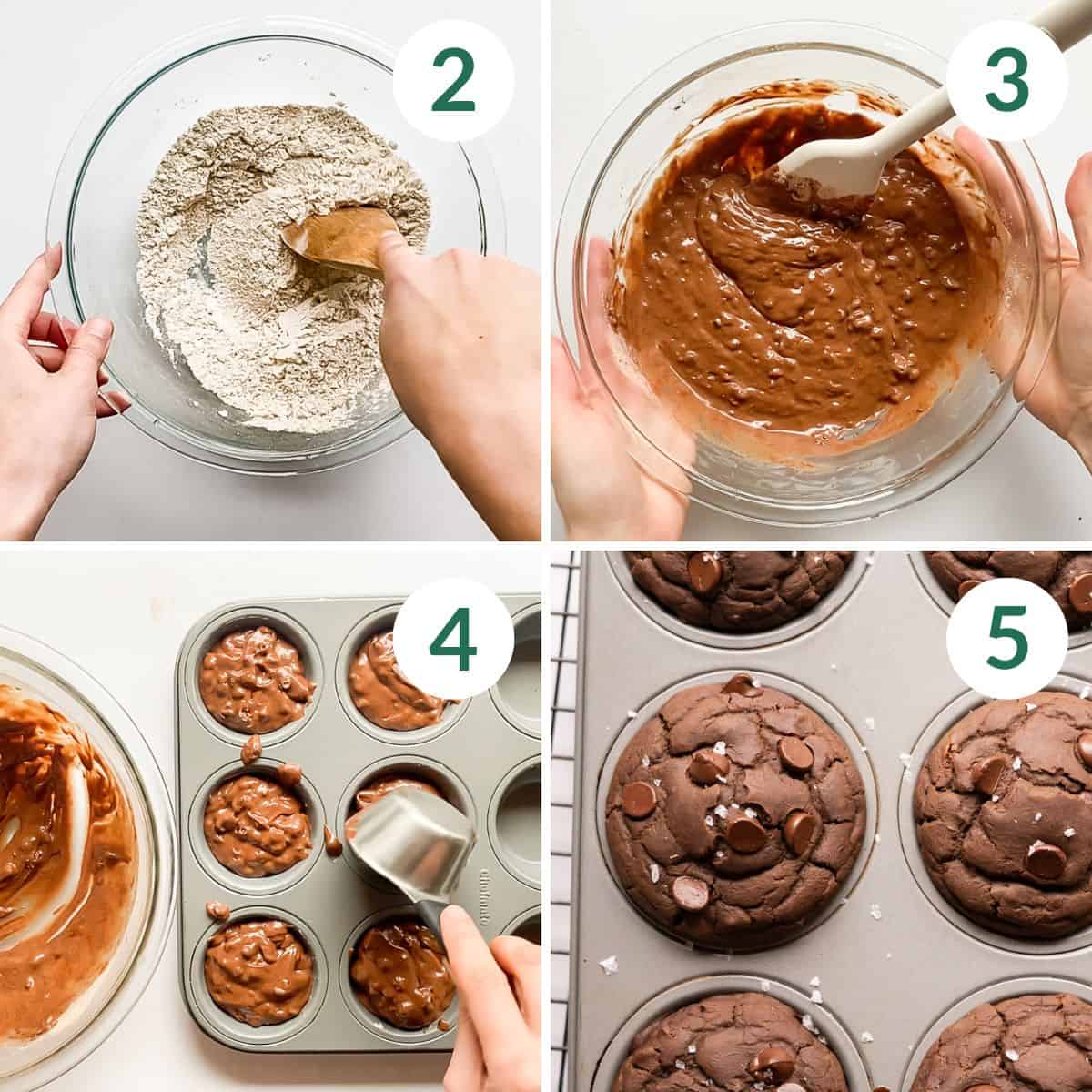 Four photos showing mixing dry ingredients, the finished muffin batter, spooning the batter into a muffin tin, and the final muffins baked in a muffin tin.