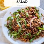 A large lunch serving of arugula quinoa salad on a plate.
