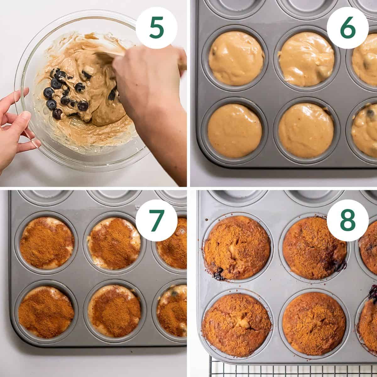 Mixing blueberries in the batter, filling a muffin tin with batter, sprinkling cinnamon sugar on the batter, and the baked muffins.