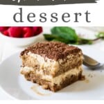 A slice of gluten and dairy-free tiramisu with text overlay "gluten-free dessert, 20+ recipes".