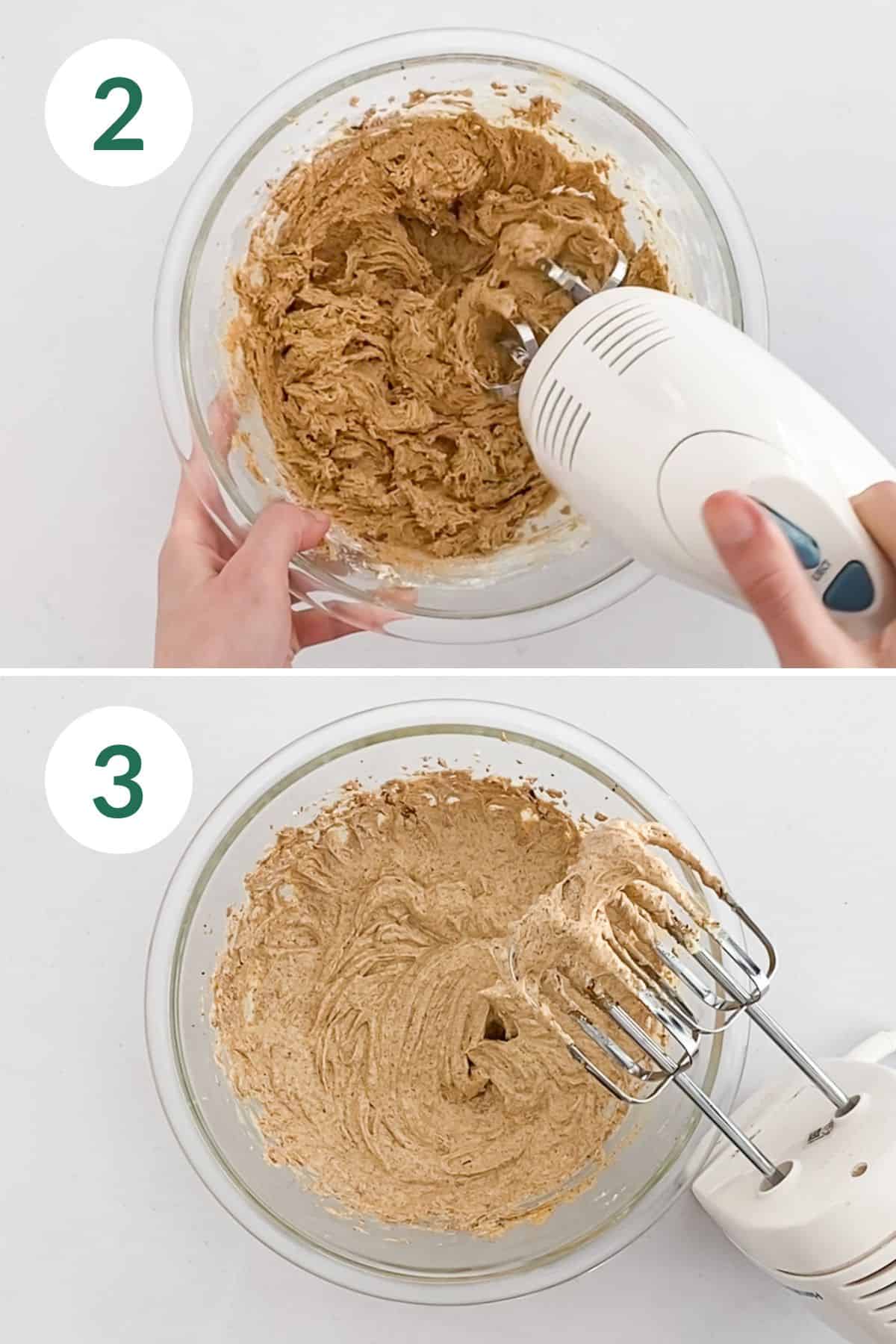 Mixing the butter and sugar with an electric mixer, and then adding in the dry ingredients.