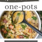 A large pot of heartly gluten-free soup with text overlay "gluten-free one pots, easy recipes for weeknights!"