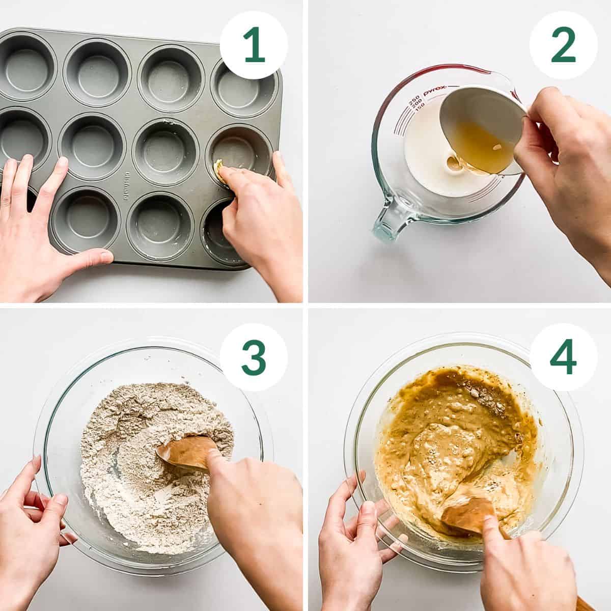 The first four steps of making muffins including greasing the muffin pan, mixing milk with vinegar, mixing dry ingredients, and adding the wet ingredients.