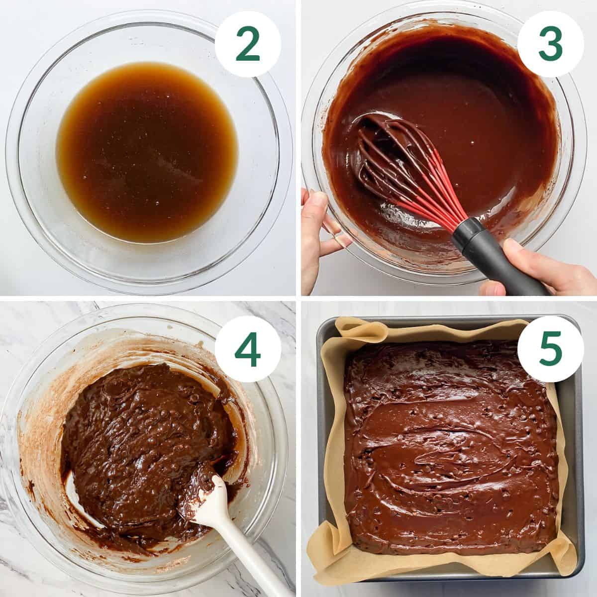 Steps 2-5 to make dairy-free brownies, including making a sugar syrup, melting the chocolate, making the final batter, and preparing to bake.