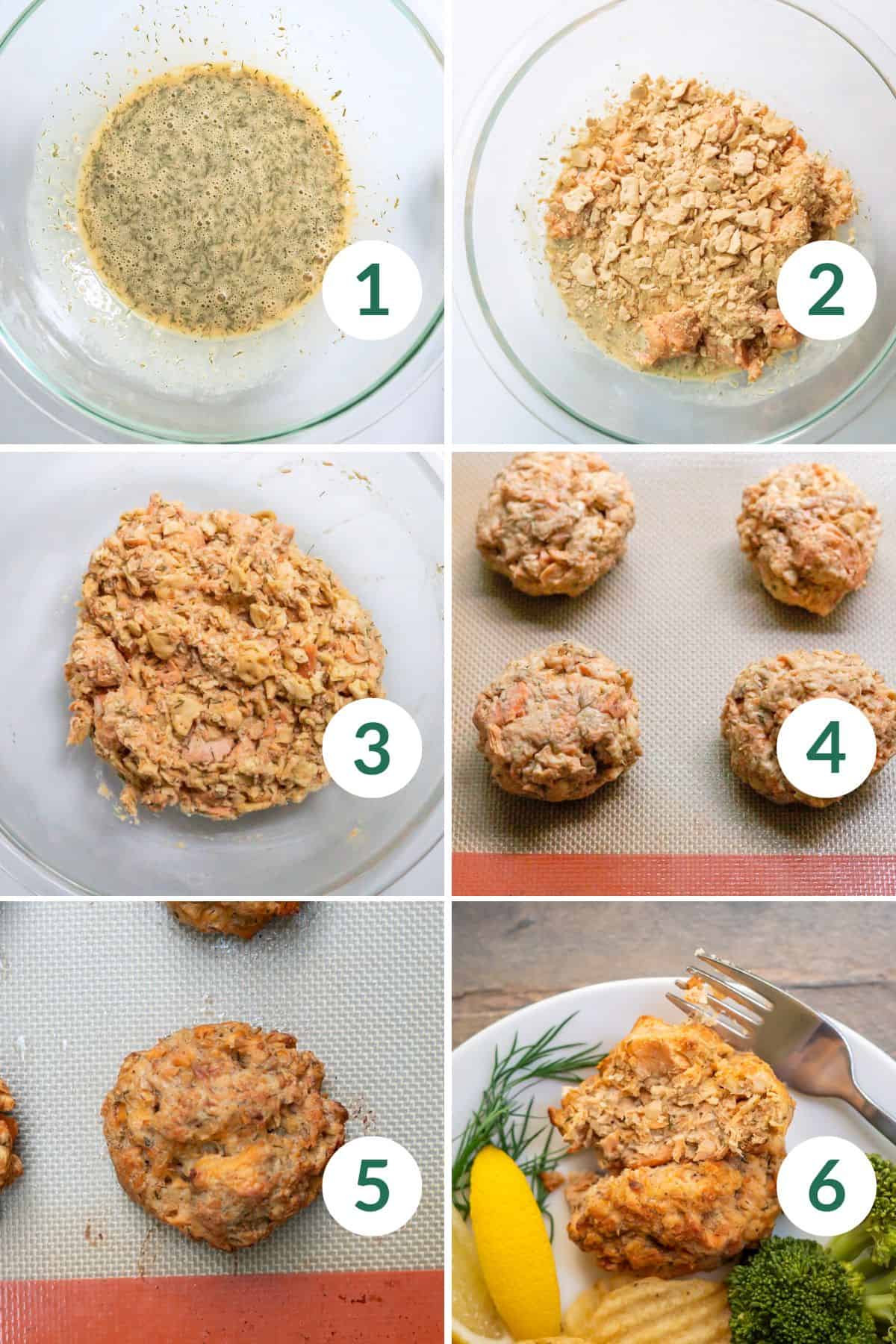 Step-by-step photos of the process of making salmon cakes using canned salmon.