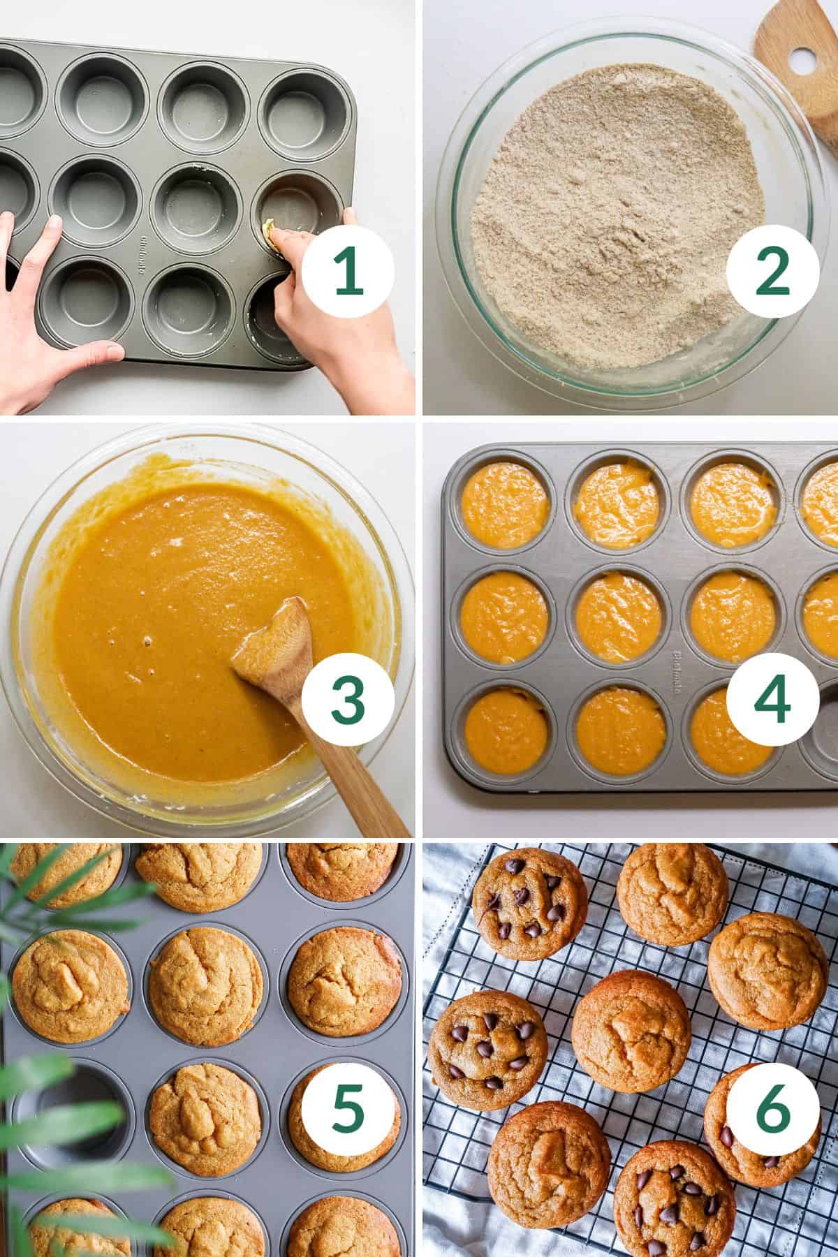 Step by step photos to make healthy pumpkin muffins including mixing the wet and dry ingredients, filling the muffin pan, and baking the muffins.