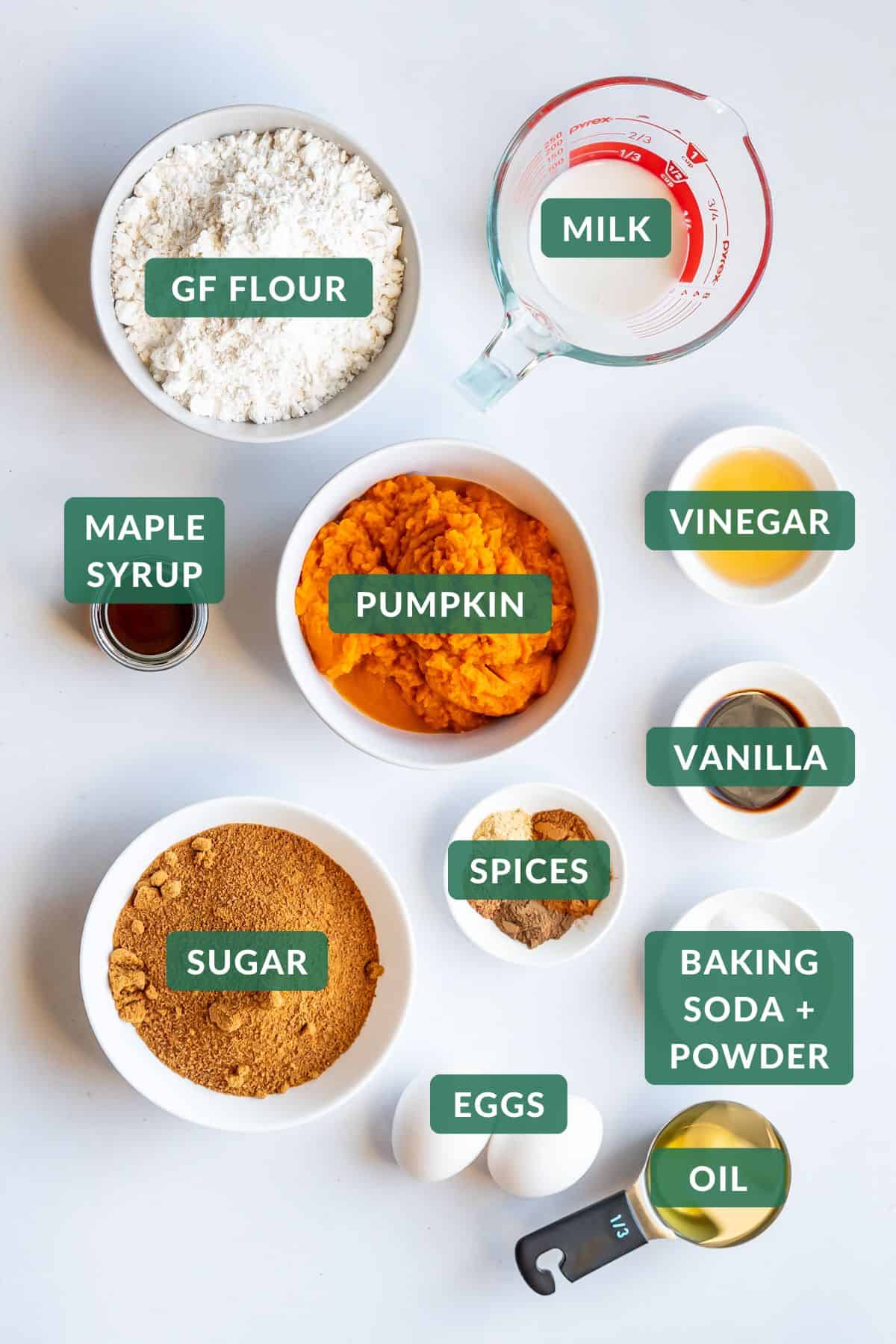 The ingredients needed to make gluten-free pumpkin bread measured for baking.