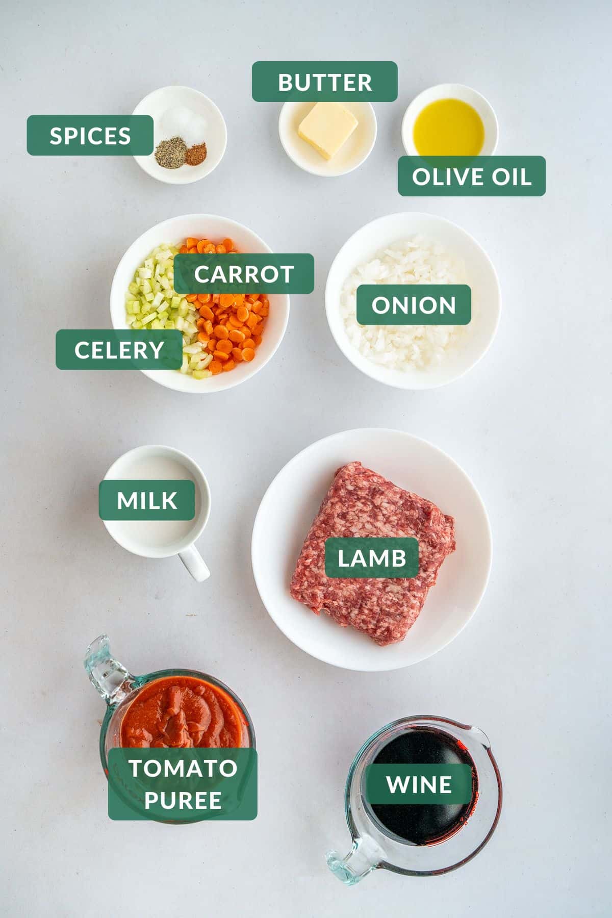 The measured ingredients needed for lamb ragu.