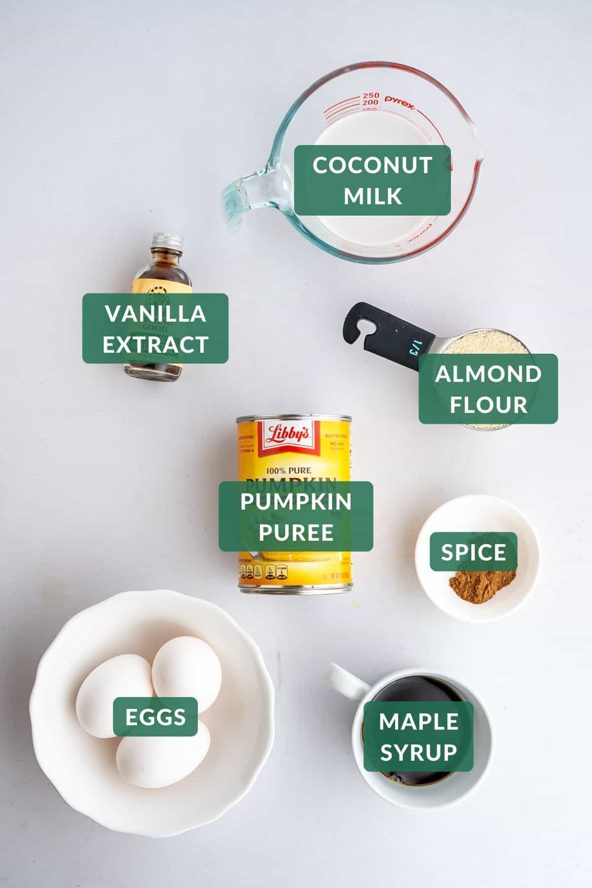 A layout of the healthy ingredients needed to make a crustless pumpkin pie.