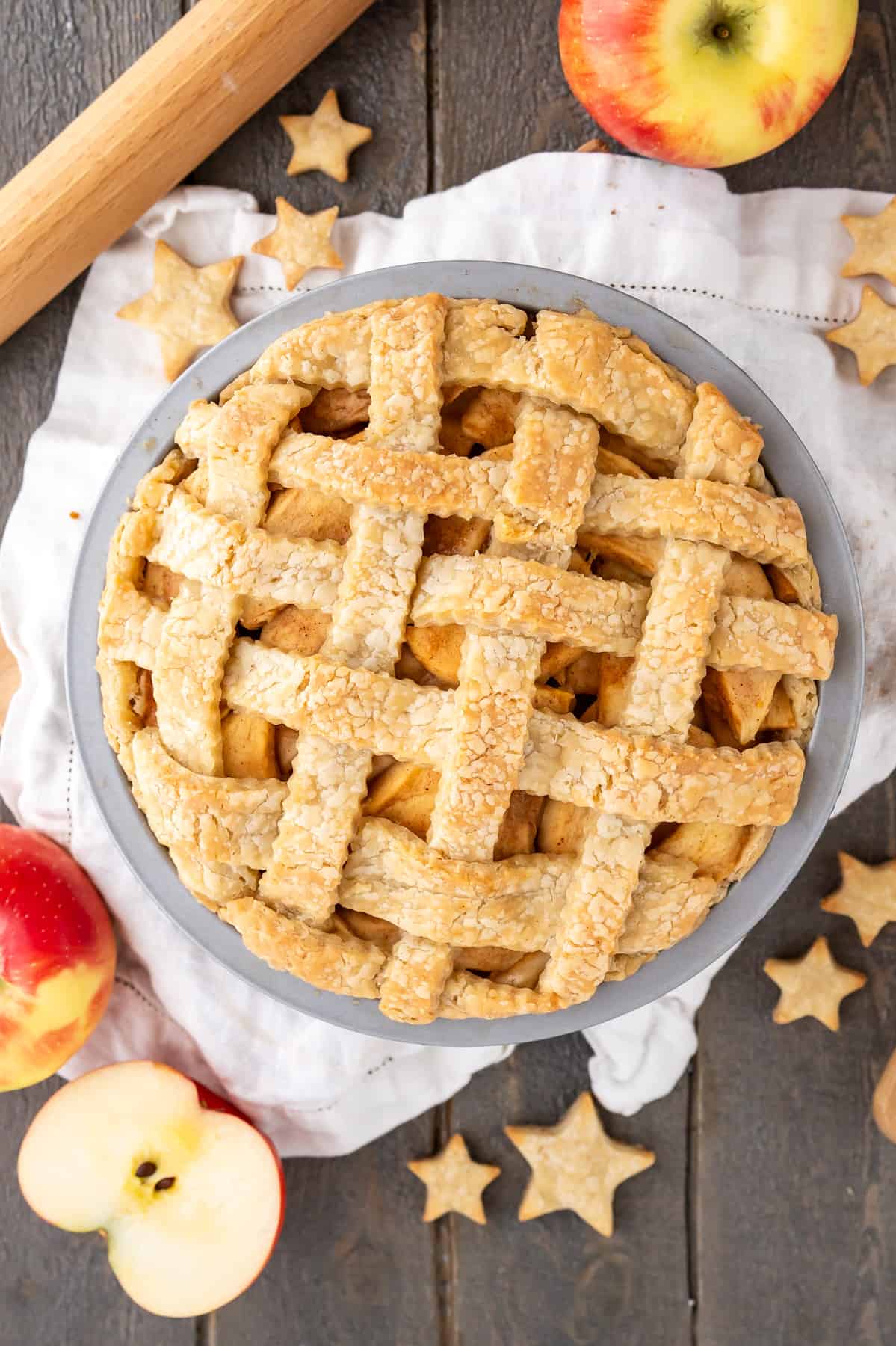 A gluten-free apple pie with a golden brown gluten-free lattice top crust.